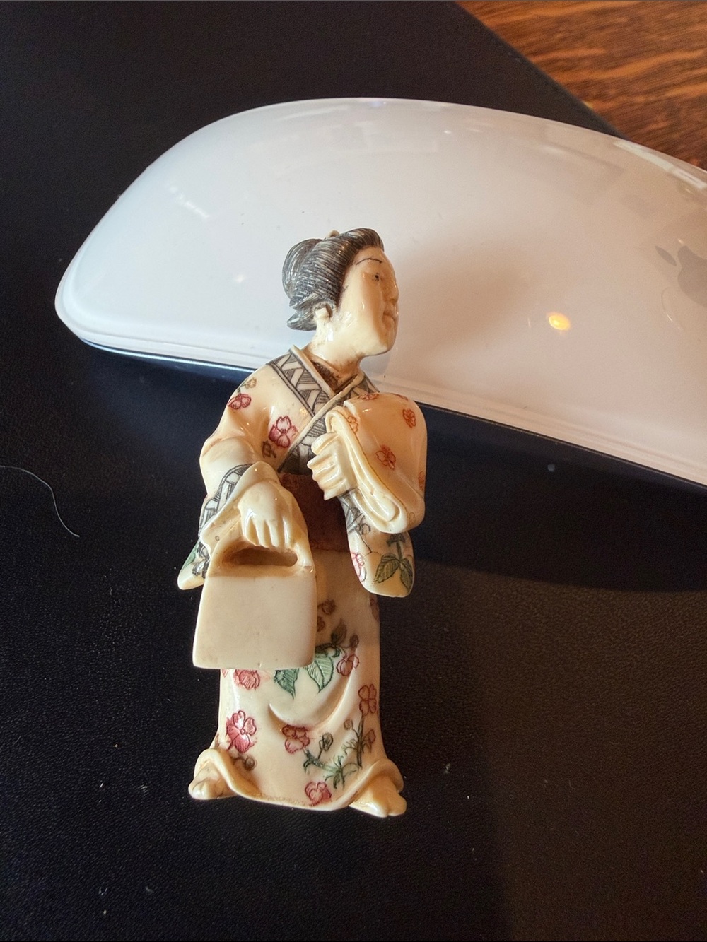 Ivory Porcelain Geisha Figurine with Pink and Green Floral Kimono - Unbranded